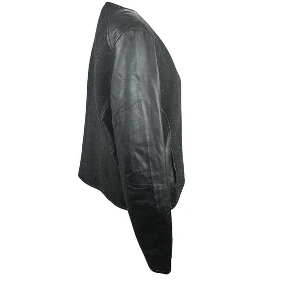 Eileen Fisher Black Leather Wool Zip Up Jacket Size M Moto